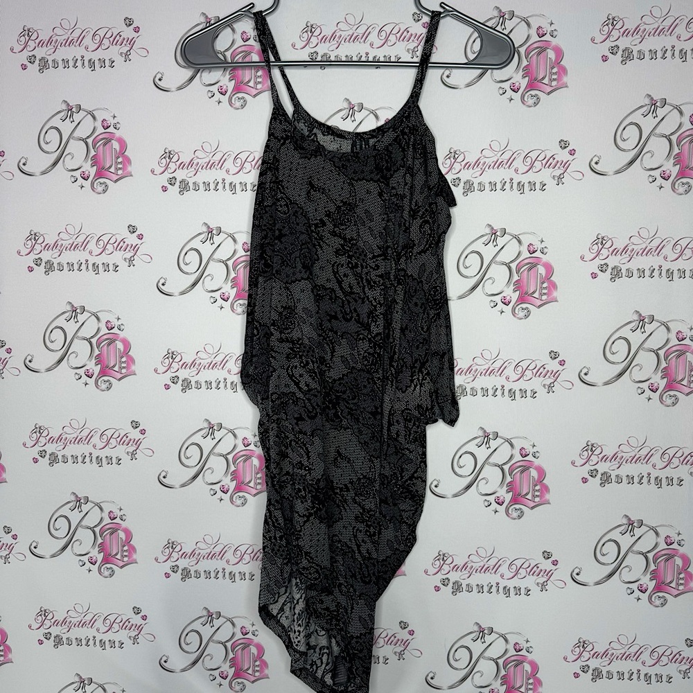 Guess by Marciano top long dress style open cold shoulder lace print grey black